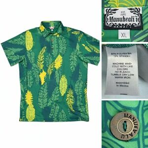 Manuheali'i Polo Shirt Men XL Green Tropical Leaf Feather Hawaiian Aloha Stretch